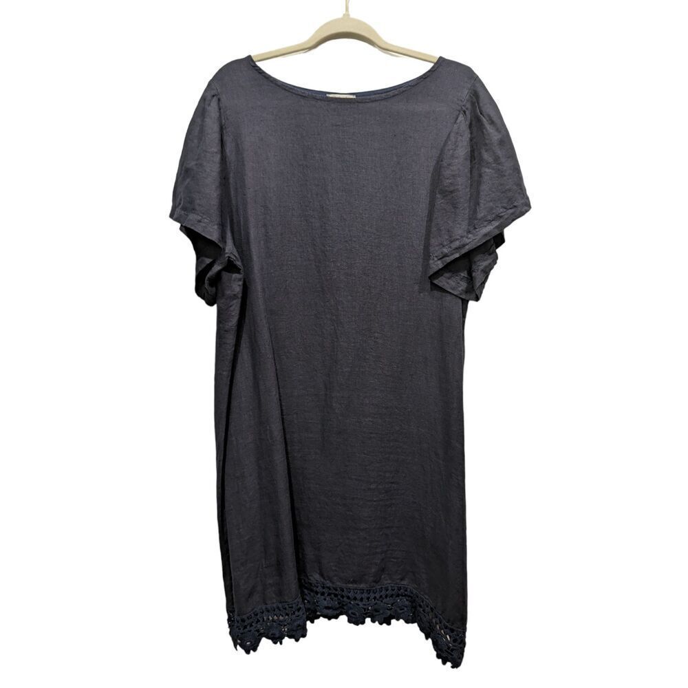 Bellambia Dark Blue 100% Linen Made in Italy Crochet Hem Shift Dress, 1X